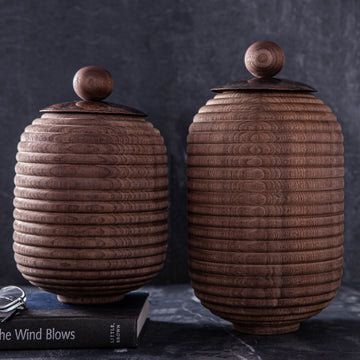 LIDDED VESSEL IN TEXTURED BLACK WALNUT AND COPPER 1