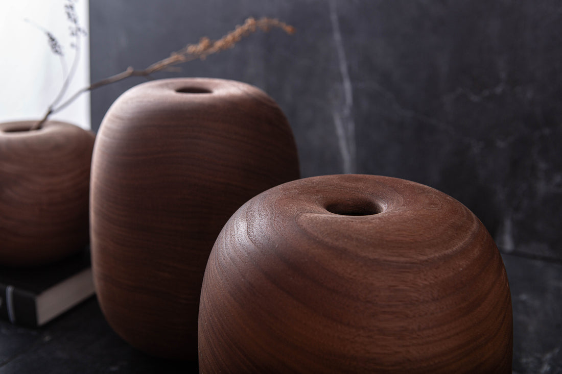 SET OF THREE SUNKEN TOP VESSELS IN TEXTURED BLACK WALNUT