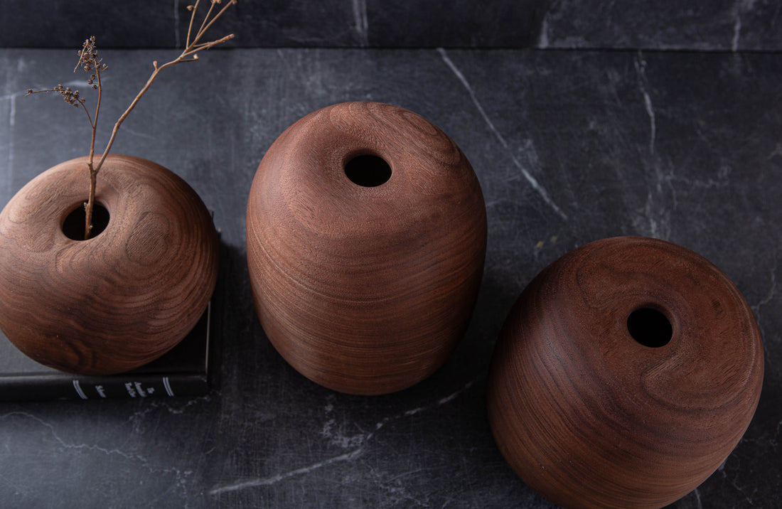 SET OF THREE SUNKEN TOP VESSELS IN TEXTURED BLACK WALNUT