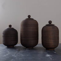 SET OF 3 LIDDED VESSEL IN EBONIZED CHERRY AND PATINATED COPPER