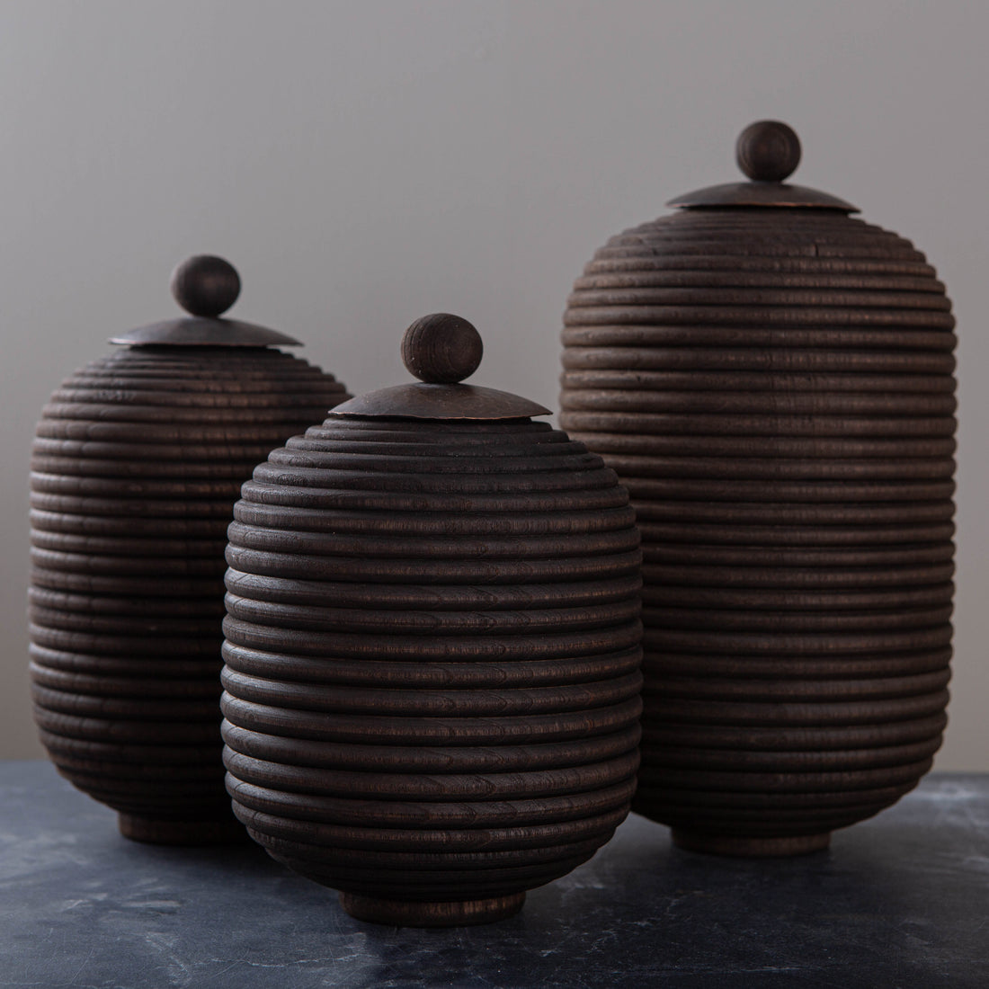 SET OF 3 LIDDED VESSEL IN EBONIZED CHERRY AND PATINATED COPPER