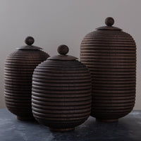 SET OF 3 LIDDED VESSEL IN EBONIZED CHERRY AND PATINATED COPPER
