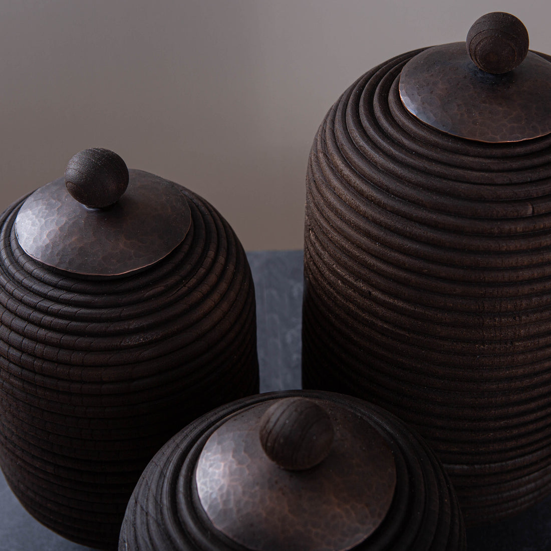 SET OF 3 LIDDED VESSEL IN EBONIZED CHERRY AND PATINATED COPPER