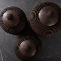 SET OF 3 LIDDED VESSEL IN EBONIZED CHERRY AND PATINATED COPPER