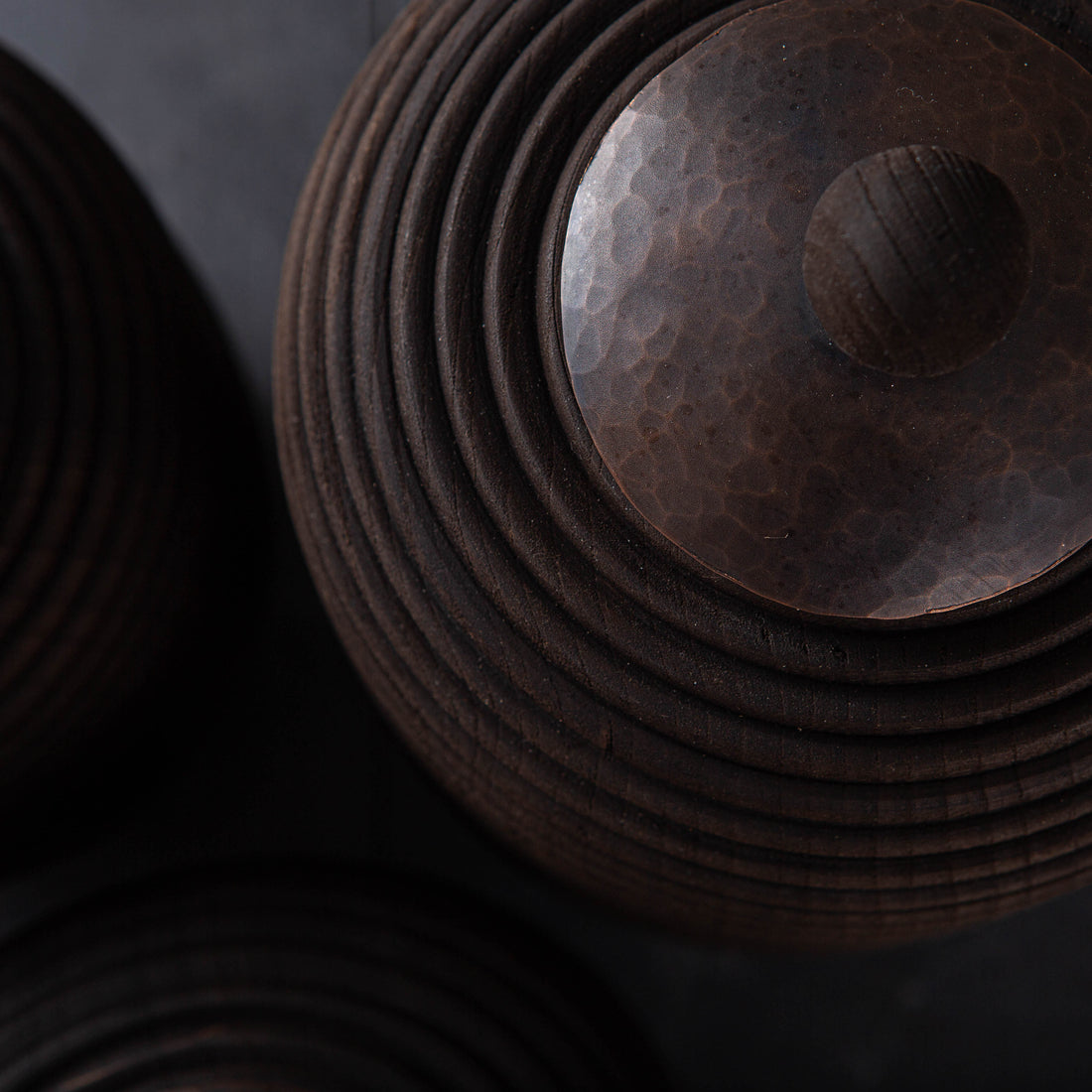 SET OF 3 LIDDED VESSEL IN EBONIZED CHERRY AND PATINATED COPPER