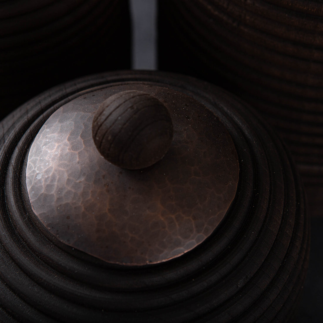 SET OF 3 LIDDED VESSEL IN EBONIZED CHERRY AND PATINATED COPPER