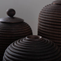 SET OF 3 LIDDED VESSEL IN EBONIZED CHERRY AND PATINATED COPPER