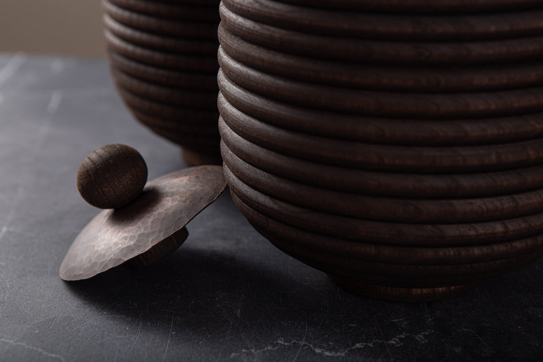 SET OF 3 LIDDED VESSEL IN EBONIZED CHERRY AND PATINATED COPPER