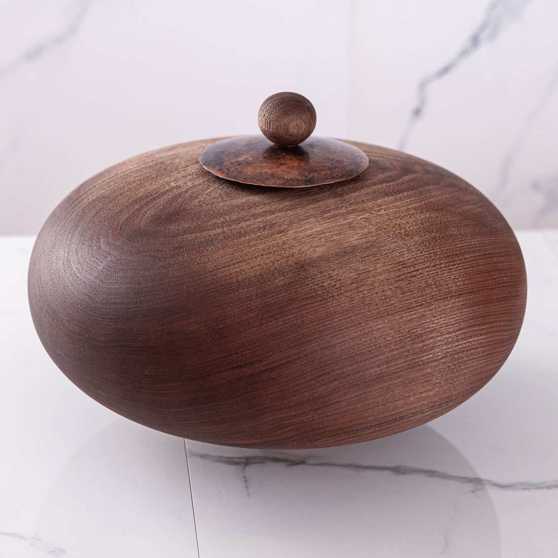 LIDDED VESSEL IN TEXTURED BLACK WALNUT AND COPPER