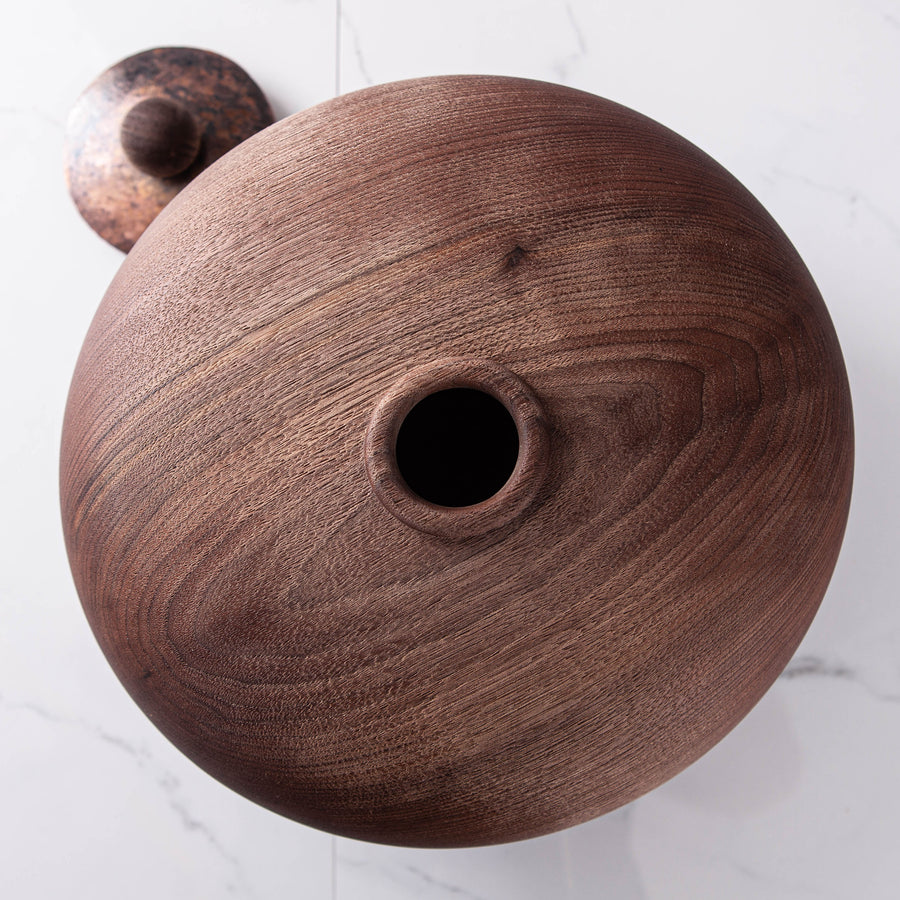 LIDDED VESSEL IN TEXTURED BLACK WALNUT AND COPPER