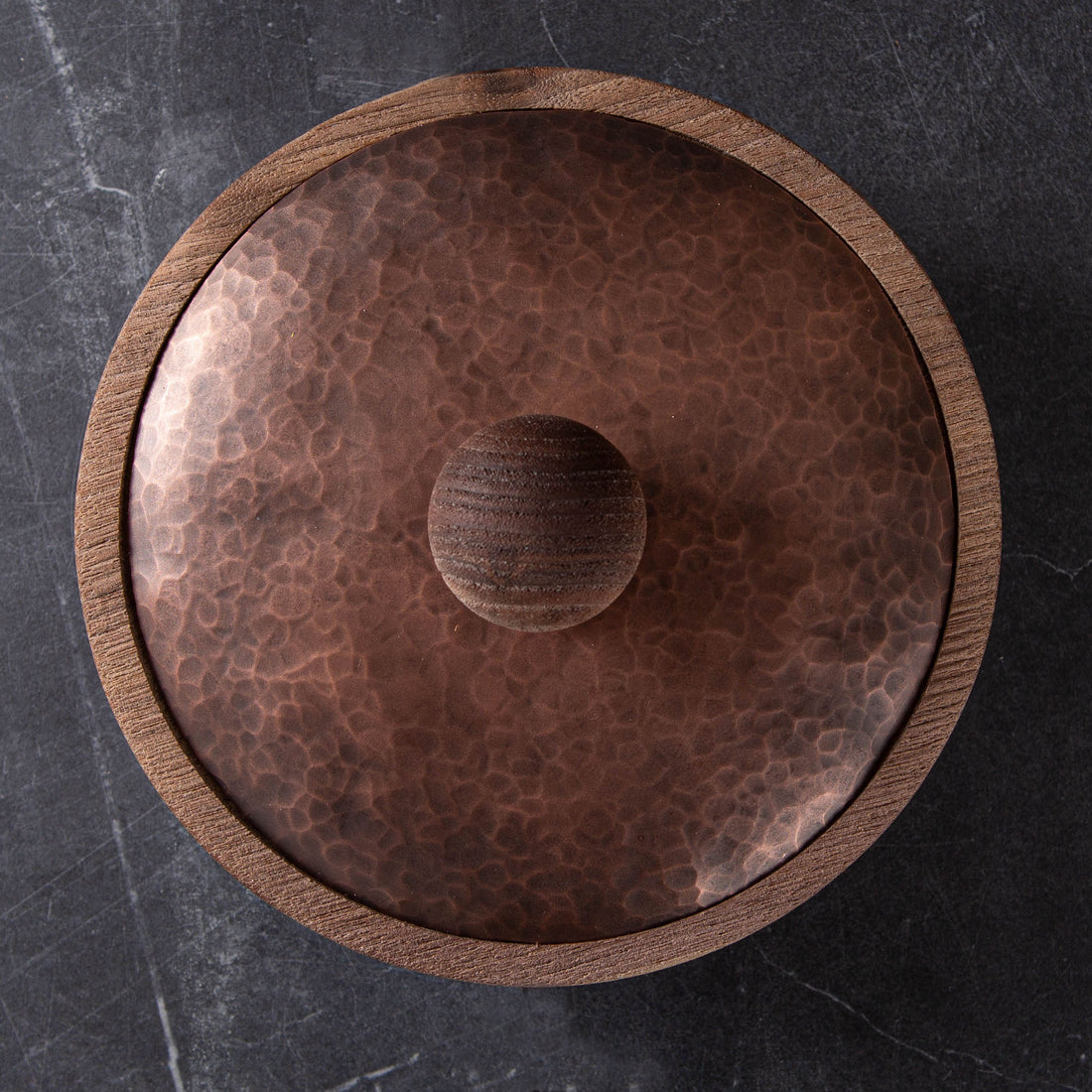 LIDDED VESSEL IN PATINATED COPPER AND BLACK WALNUT