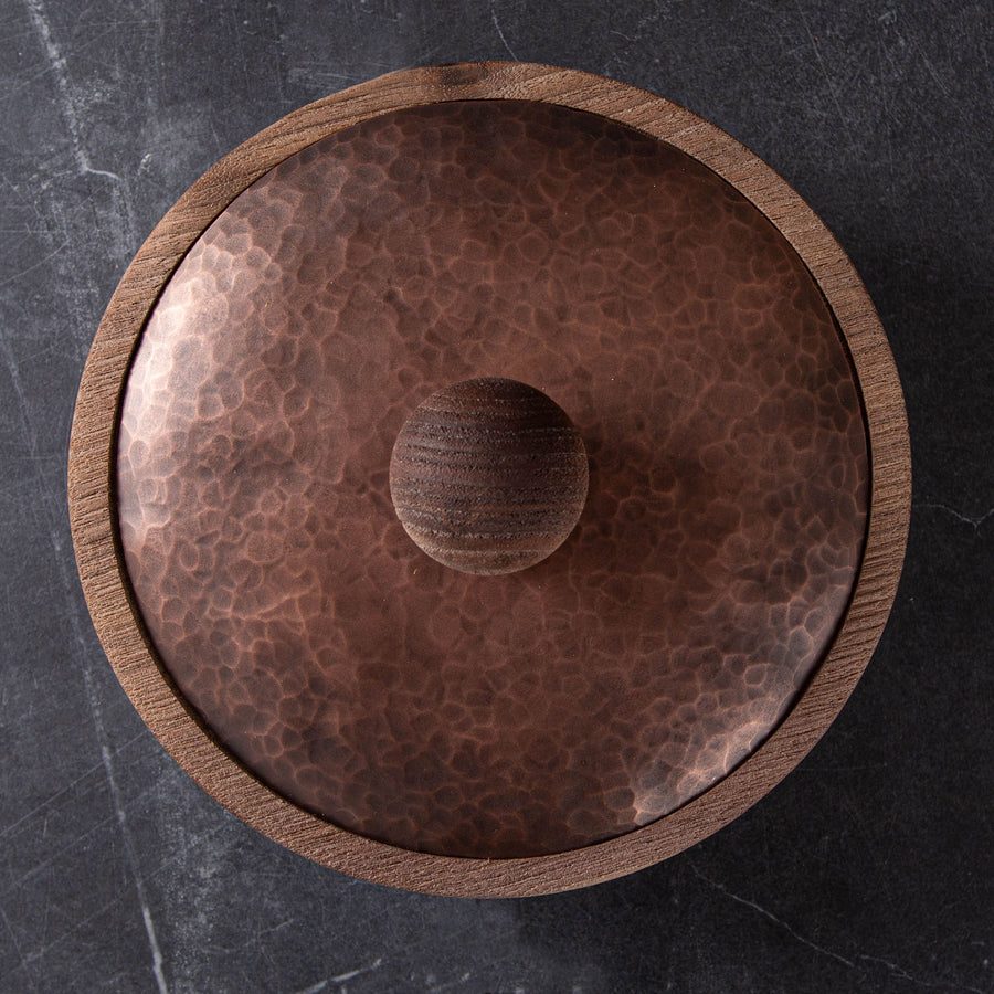 LIDDED VESSEL IN PATINATED COPPER AND BLACK WALNUT