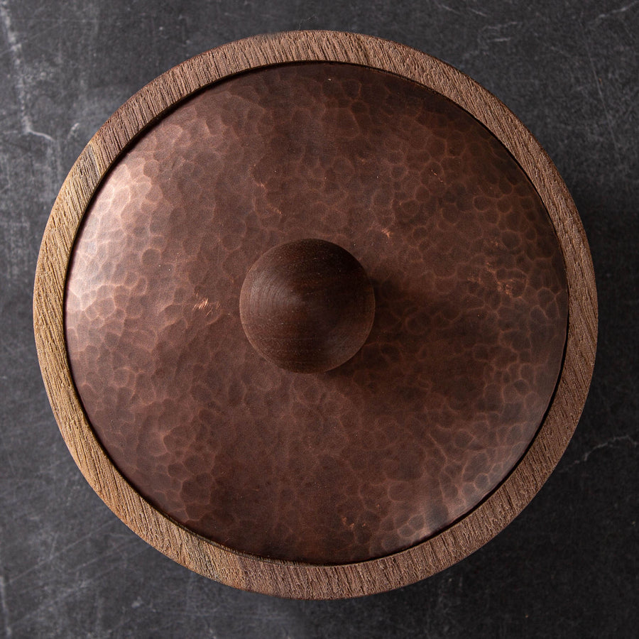 LIDDED VESSEL IN PATINATED COPPER AND BLACK WALNUT 2