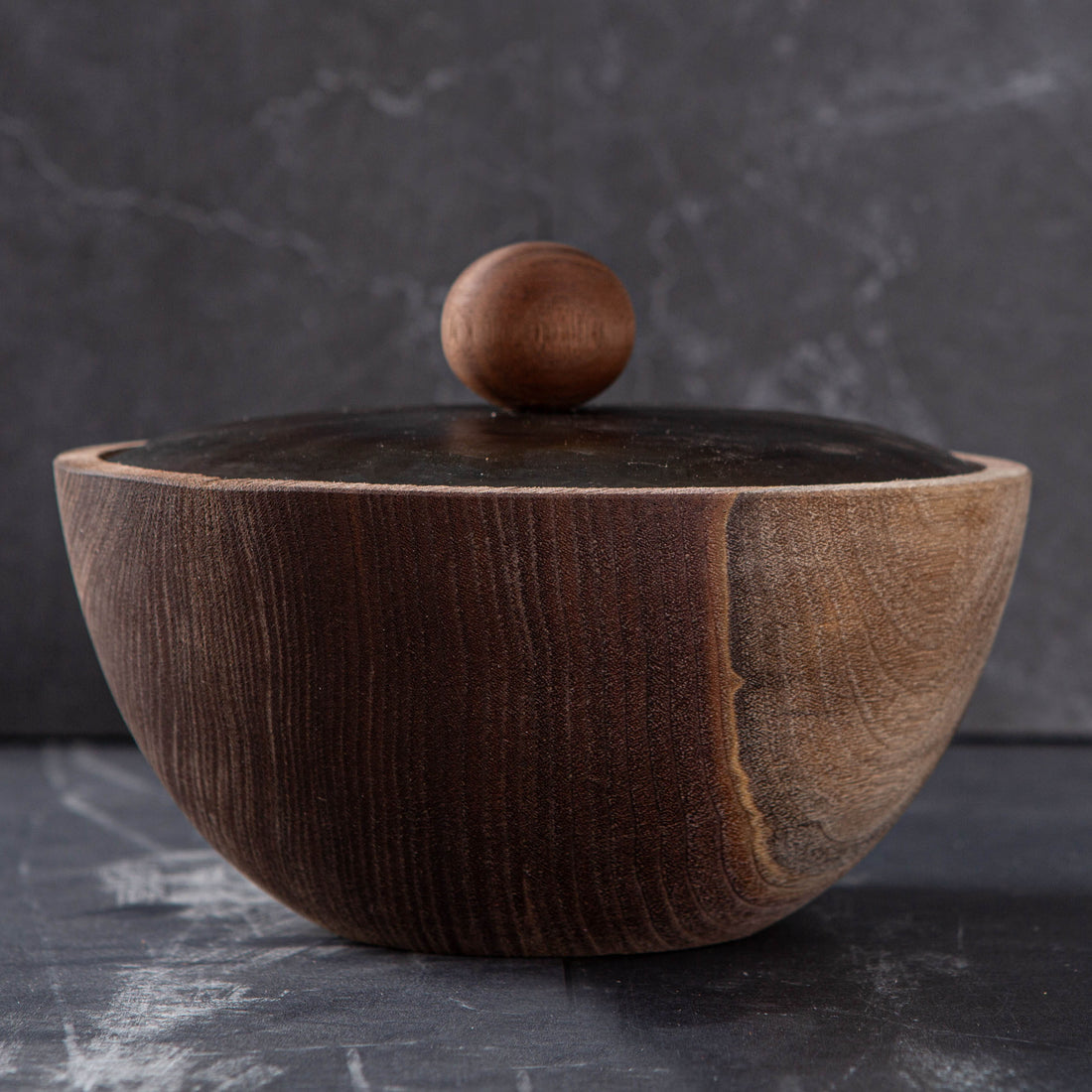 LIDDED VESSEL IN BURNT AND WAXED STEEL AND BLACK WALNUT