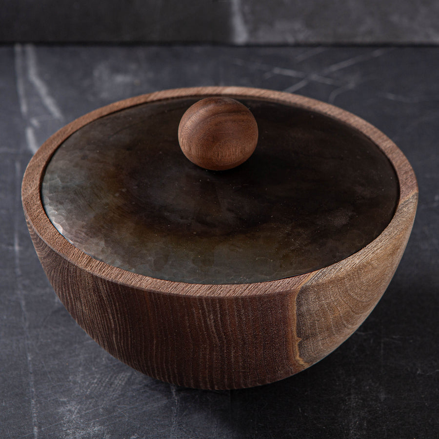 LIDDED VESSEL IN BURNT AND WAXED STEEL AND BLACK WALNUT