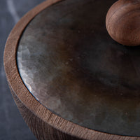 LIDDED VESSEL IN BURNT AND WAXED STEEL AND BLACK WALNUT