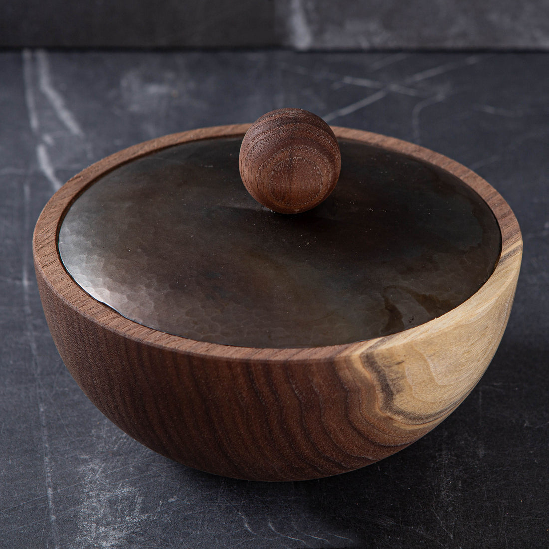 LIDDED VESSEL IN BURNT AND WAXED STEEL AND BLACK WALNUT 2