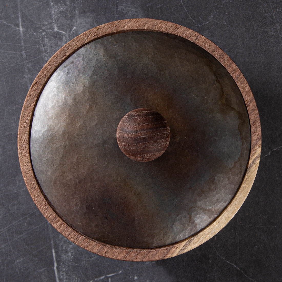 LIDDED VESSEL IN BURNT AND WAXED STEEL AND BLACK WALNUT 2